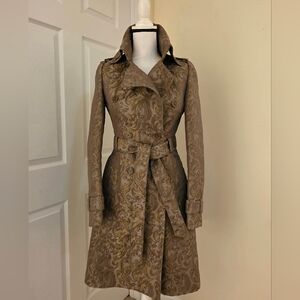 Karen Millen Brocade Patterned Trench Coat Belted Tan Olive Gold 4 Small
